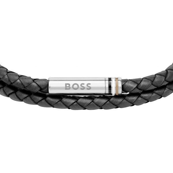 Hugo boss braided leather bracelet deals in black with metal clasp