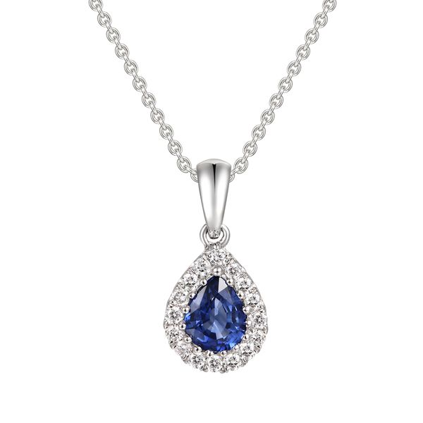 18CT WHITE GOLD SAPPHIRE .39 & DIAMOND .11 PEAR CLUSTER PENDANT|IN405 ...